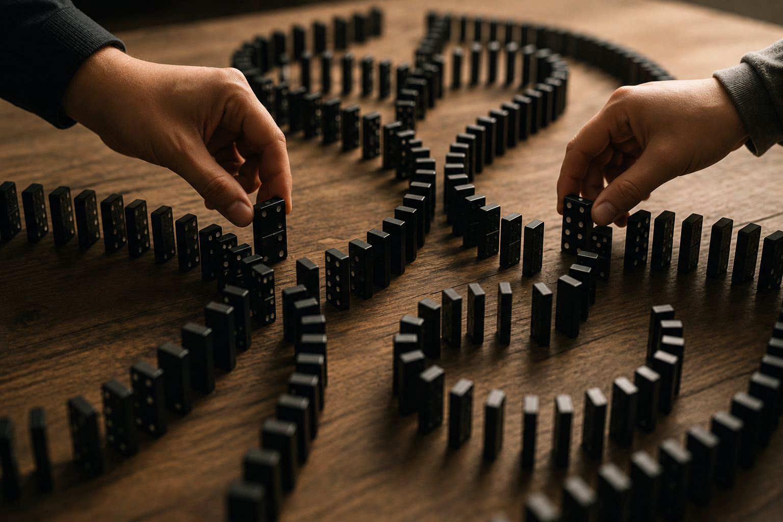 Dominoes illustrating how early software decisions shape later outcomes